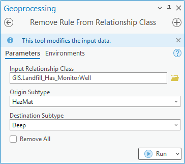 Cuadro de diálogo de la herramienta de geoprocesamiento Eliminar regla de clase de relación