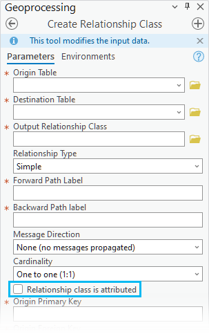 Casilla de verificación La clase de relación tiene atributos en la herramienta de geoprocesamiento Crear clase de relación