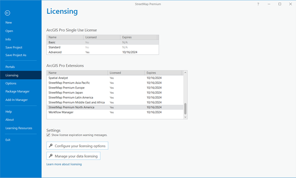 Panel de licenciamiento en el que se muestra la lista de extensiones de ArcGIS para StreetMap Premium