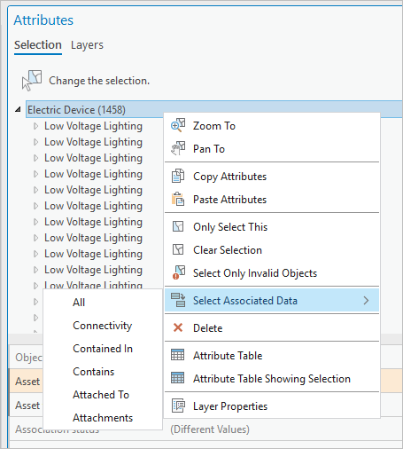 El comando Seleccionar datos asociados muestra los tipos de asociación válidos para la capa.