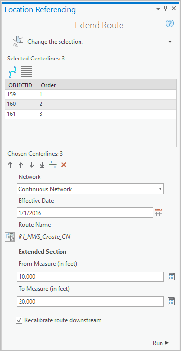 Panel Extender ruta con varias líneas centrales seleccionadas