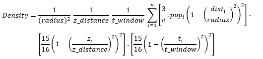 Fórmula de la densidad kernel a lo largo de la elevación y el tiempo sobre x,y