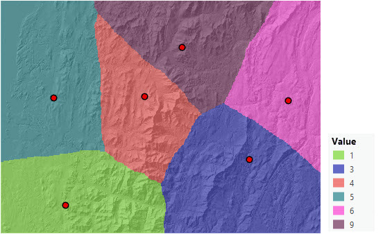 Mapa de asignación de distancia que identifica el origen más barato para cada celda