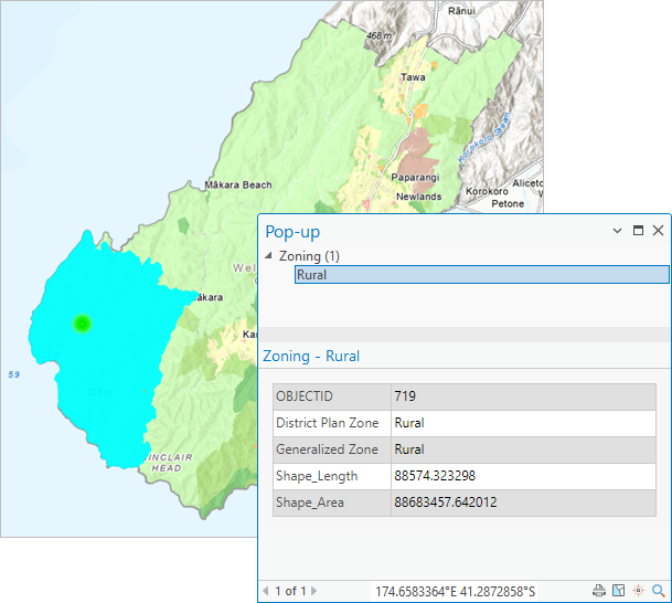 Elemento emergente con información de zonificación sobre Wellington