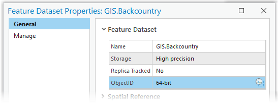 La pestaña General del cuadro de diálogo Propiedades del dataset de entidades muestra el valor ObjectID como de 64 bits.
