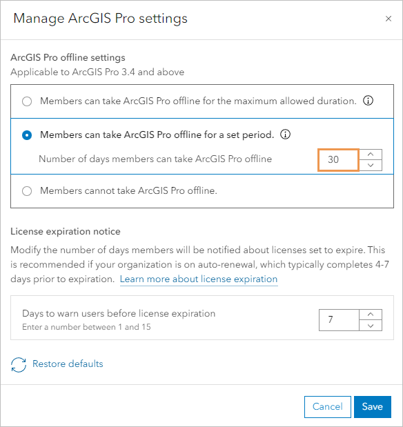 Ventana Administrar la configuración de ArcGIS Pro en una organización de ArcGIS Online Ventana Administrar la configuración de ArcGIS Pro en una organización de ArcGIS Online