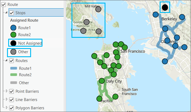Las entidades no asignadas a una ruta concreta se simbolizan en negro, y las entidades asignadas a una ruta, pero hasta que se ejecute el análisis se simbolizan en gris. Las entidades no asignadas a una ruta concreta se simbolizan en negro, y las entidades asignadas a una ruta, pero hasta que se ejecute el análisis se simbolizan en gris.