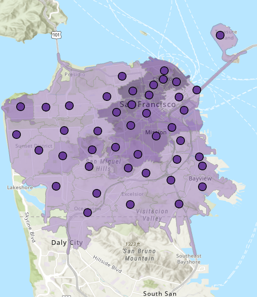 Polígonos no superpuestos que muestran los parques de bomberos que pueden llegar a un área en cuatro minutos Polígonos no superpuestos que muestran los parques de bomberos que pueden llegar a un área en cuatro minutos