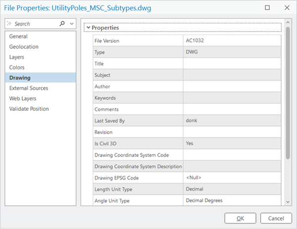 Pestaña Dibujo en el panel Propiedades de archivo Pestaña Dibujo en el panel Propiedades de archivo