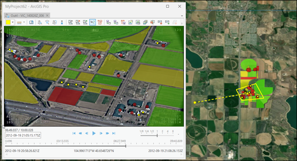 Imágenes en movimiento visualizadas en el reproductor de vídeo, con la huella mostrada en el mapa Imágenes en movimiento visualizadas en el reproductor de vídeo, con la huella mostrada en el mapa