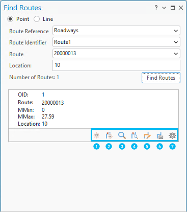 Panel Buscar rutas que muestra la selección de un dataset que admite valores m y un registro de ruta devuelto. Panel Buscar rutas que muestra la selección de un dataset que admite valores m y un registro de ruta devuelto.