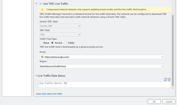 Cuadro de diálogo Propiedades de dataset de red para main.Routing_ND que muestra la configuración Usar tráfico en vivo de TMC Cuadro de diálogo Propiedades de dataset de red para main.Routing_ND que muestra la configuración Usar tráfico en vivo de TMC