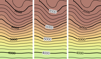 Tres vistas de la misma área del mapa con líneas de curvas de nivel negras y anotación sobre un gradiente continuo de tinte hipsométrico Tres vistas de la misma área del mapa con líneas de curvas de nivel negras y anotación sobre un gradiente continuo de tinte hipsométrico