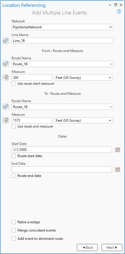 Panel Agregar eventos de varias líneas con opciones de ruta y medición Panel Agregar eventos de varias líneas con opciones de ruta y medición