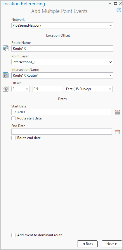Panel Agregar eventos de puntos múltiples con el método Desplazamiento de ubicación Panel Agregar eventos de puntos múltiples con el método Desplazamiento de ubicación