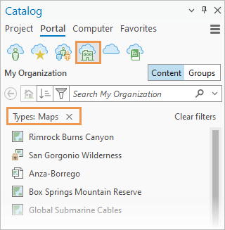 Panel de catálogo que muestra una lista de mapas web Panel de catálogo que muestra una lista de mapas web