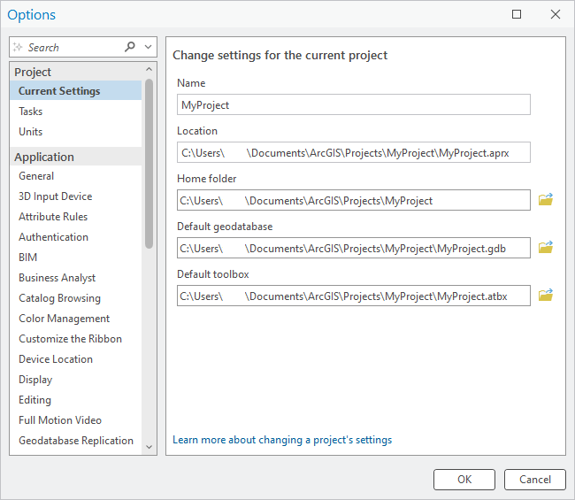 La configuración actual de un proyecto en el cuadro de diálogo Opciones La configuración actual de un proyecto en el cuadro de diálogo Opciones