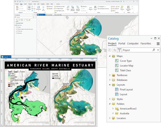Un proyecto que muestra un mapa, un diseño y el contenido del panel Catálogo Un proyecto que muestra un mapa, un diseño y el contenido del panel Catálogo