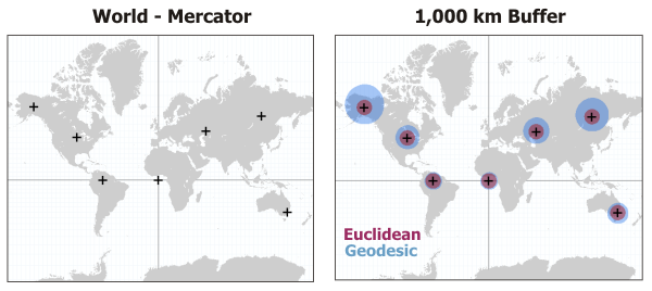 Zonas de influencia euclidianas y geodésicas Zonas de influencia euclidianas y geodésicas