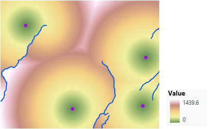 Mapa de la distancia en línea recta ajustada a las barreras y la distancia de superficie Mapa de la distancia en línea recta ajustada a las barreras y la distancia de superficie