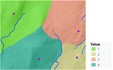 Mapa del territorio al que pueden llegar los guardabosques desde cada estación cuando todos se desplazan a pie Mapa del territorio al que pueden llegar los guardabosques desde cada estación cuando todos se desplazan a pie