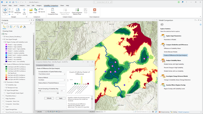 Interfaz de Comparación de modelos que muestra un mapa, un gráfico, el panel Comparación de modelos y un panel de estadísticas Interfaz de Comparación de modelos que muestra un mapa, un gráfico, el panel Comparación de modelos y un panel de estadísticas