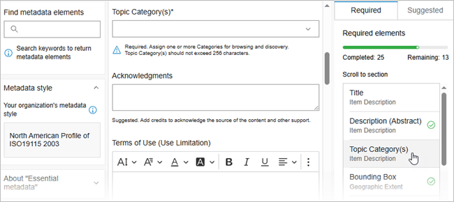 La página Metadatos esenciales del editor de metadatos de ArcGIS tiene tres columnas con los elementos obligatorios enumerados en la tercera columna. La página Metadatos esenciales del editor de metadatos de ArcGIS tiene tres columnas con los elementos obligatorios enumerados en la tercera columna.