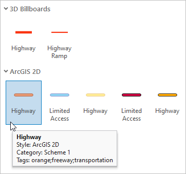 Galería de símbolos que muestra un símbolo de carretera seleccionado y su información en pantalla
