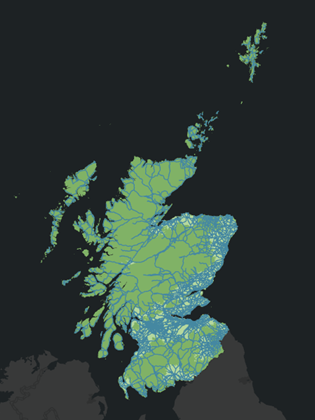 Mapa de Escocia que muestra la capa Carreteras con la consulta de definición aplicada