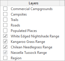 Lista de capas de mapas disponibles para el parámetro Especies invasoras