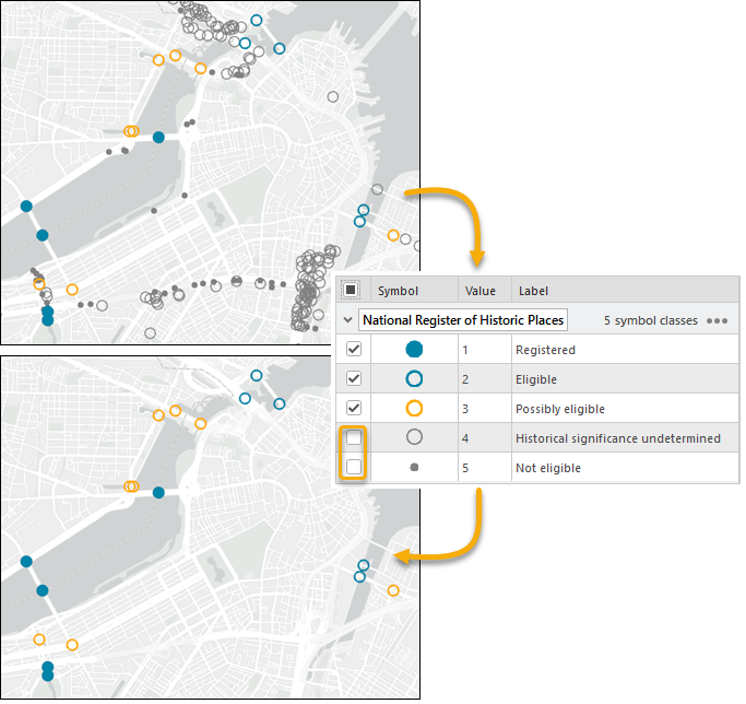 Mapa de los puentes de Boston clasificados por su importancia histórica, seguido del mismo mapa con dos de las cinco clases desactivadas y una parte del panel Simbología con casillas de verificación de visibilidad de las clases.