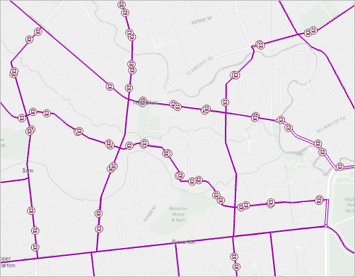 Mapa con paradas de autobús simbolizadas