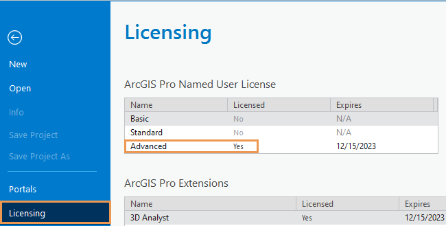 Página Licenciamiento en la configuración de ArcGIS Pro