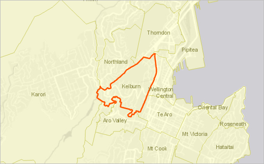 Mapa de Wellington con zoom aplicado a la zona residencial de Kelburn