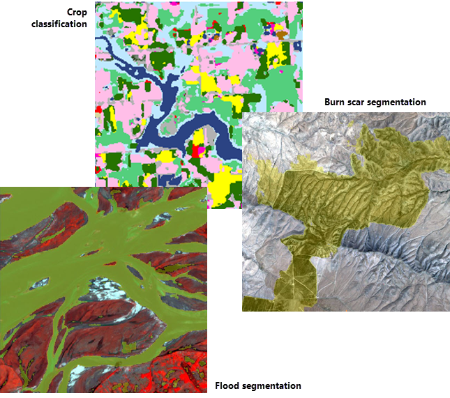 Imágenes resultantes de los modelos Prithvi para la clasificación de cultivos, la segmentación de cicatrices de quemaduras y la segmentación de inundaciones