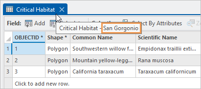 Pestaña de la vista de tabla de atributos que muestra el nombre del mapa como información en pantalla