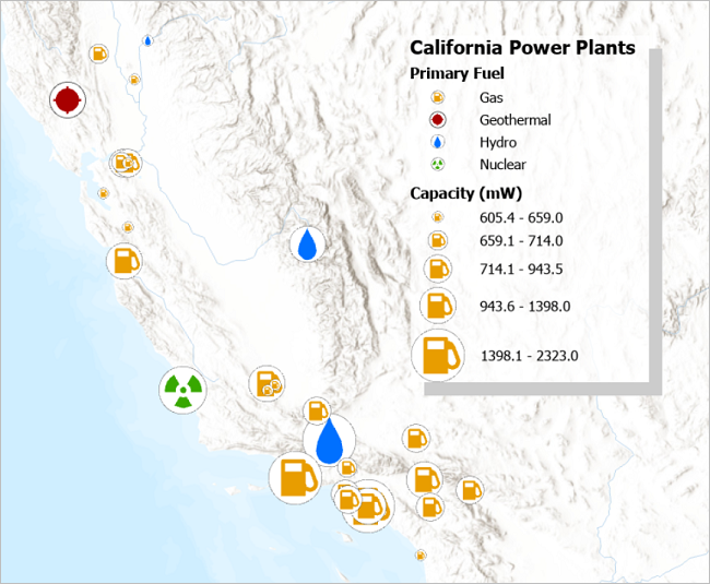 Mapa de centrales eléctricas de California simbolizadas por tipo de energía y capacidad