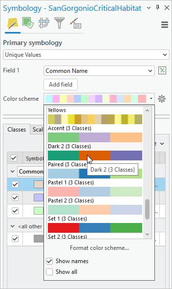 Panel Simbología con la lista desplegable Esquema de color