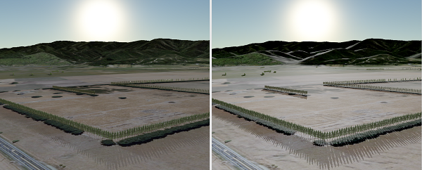 Comparación de dos escenas en las que la segunda imagen muestra sombras más nítidas e iluminación mejorada del terreno