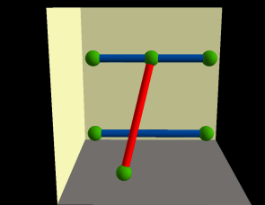 Líneas conectadas y desconectadas en un espacio tridimensional (vista delantera)