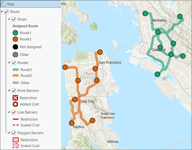 A las paradas y rutas con el mismo valor de nombre de ruta se les asigna el mismo color.