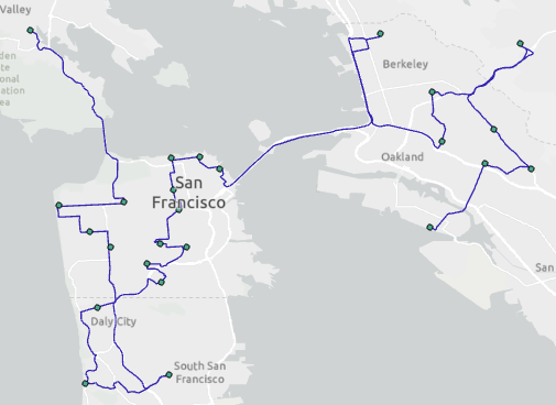 Salida del modelo de análisis de ruta que muestra la ruta entre las ubicaciones de entrada