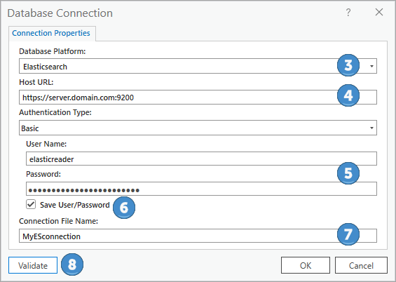 Proporcionar la URL del host y credenciales para conectarse a Elasitcsearch