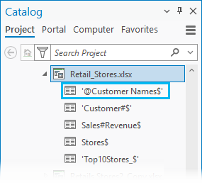 Hoja de cálculo '@Customer Names$' de Excel vista desde el panel Catálogo como tabla en ArcGIS Pro