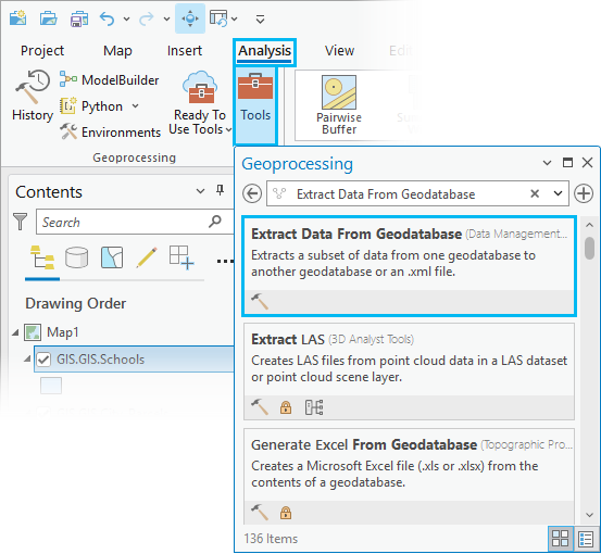 Herramienta Extraer datos de geodatabase en la pestaña Análisis, Herramientas y Geoprocesamiento