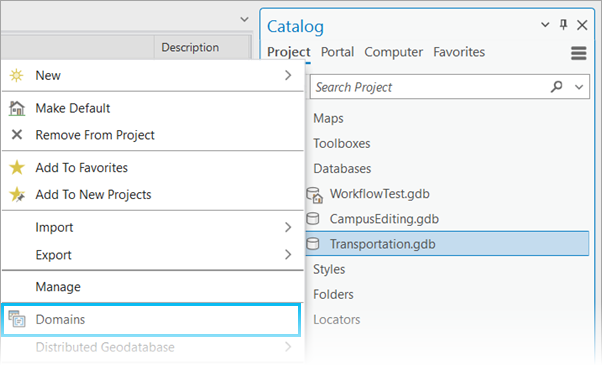 Opciones de menú contextual para la geodatabase