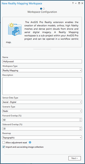 Panel Configuración de espacio de trabajo para datasets de mosaico