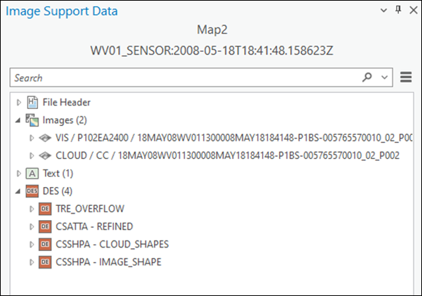 Datos NITF multisegmento en el panel Datos de compatibilidad de imágenes