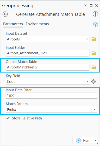 Parámetro Tabla de concordancia de salida con el nuevo nombre de tabla, el parámetro Filtro de datos de entrada rellenado para archivos .jpg y el parámetro Patrón de coincidencia configurado en Prefijo