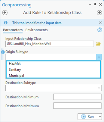 Cuadro de diálogo de la herramienta de geoprocesamiento Agregar regla a clase de relación